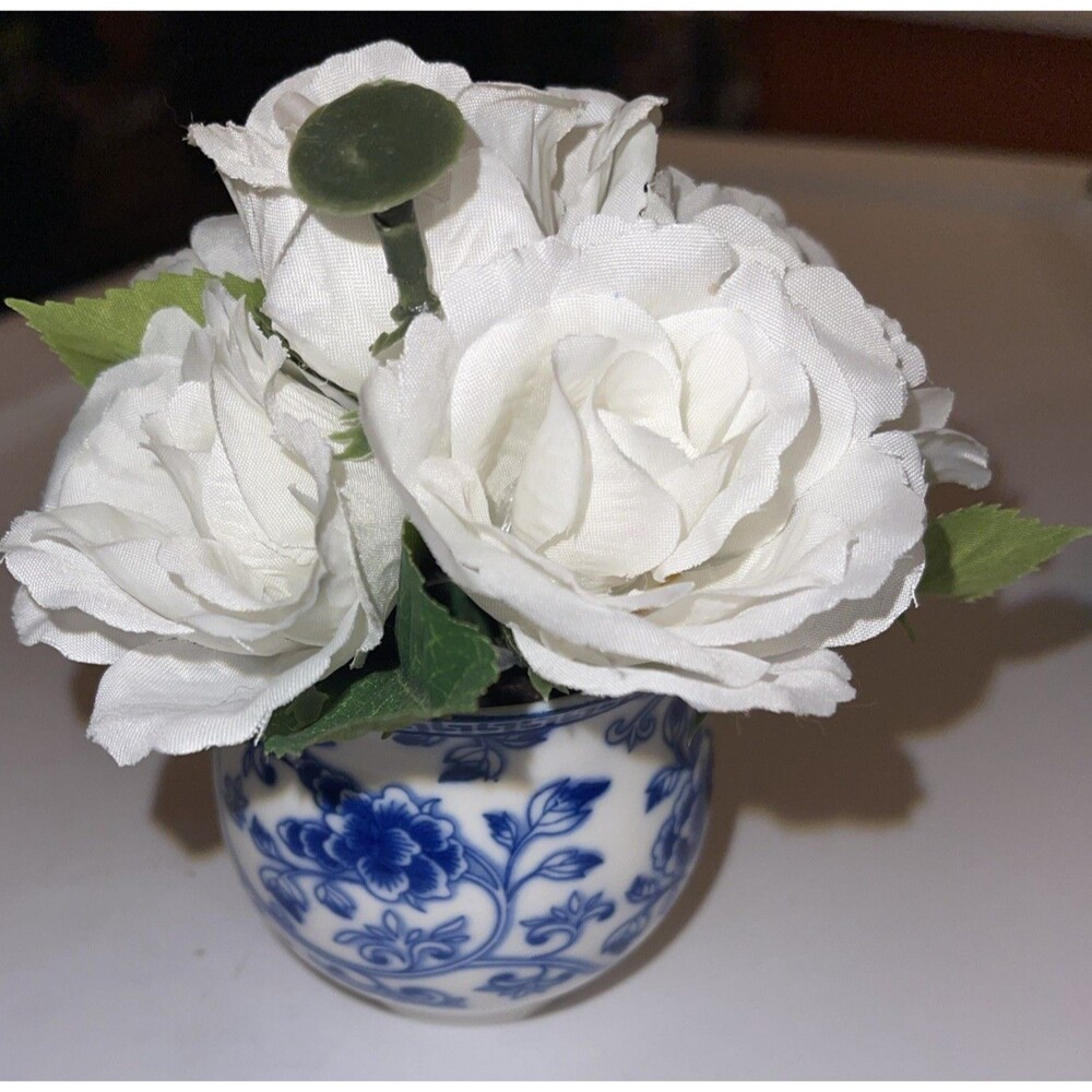 Artificial Floral Arrangement Roses Blue White Porcelain Vase 2.75 n x 2.75 in - Picture 2 of 6